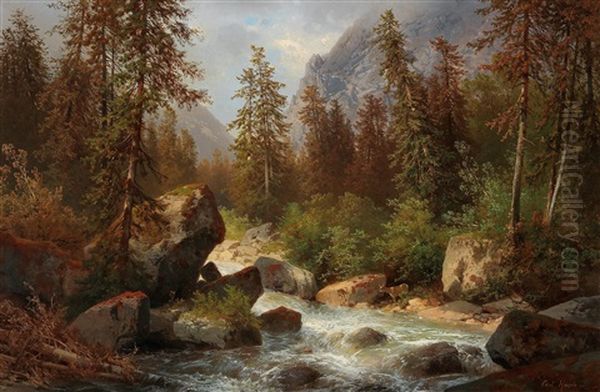 Scene By The Waldbachstrub Near Hallstatt Oil Painting by Carl Hasch