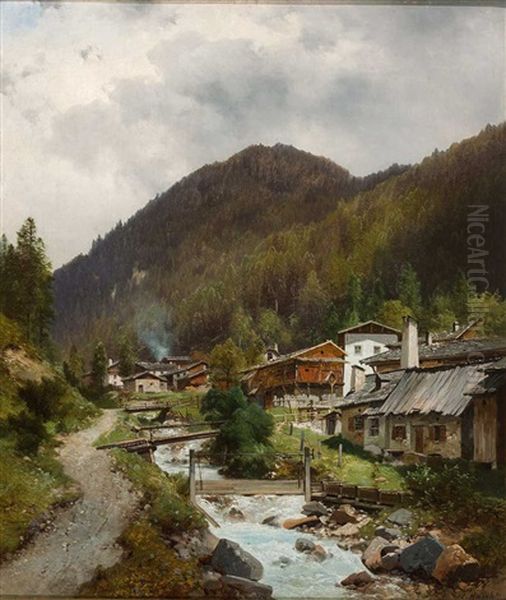 Blick Auf Malerisches Bergdorf Mit Wildbach Oil Painting by Carl Hasch