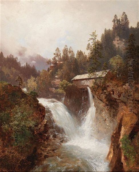 Waterfall Oil Painting by Carl Hasch