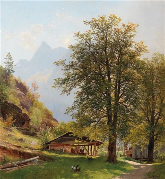 Landscape With Farm Buildings Oil Painting by Carl Hasch