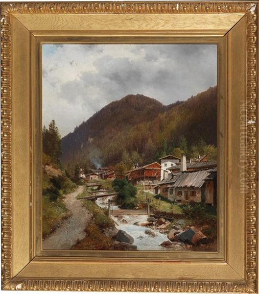 A Mountain Village With Weir (east Ryrol?) Oil Painting by Carl Hasch