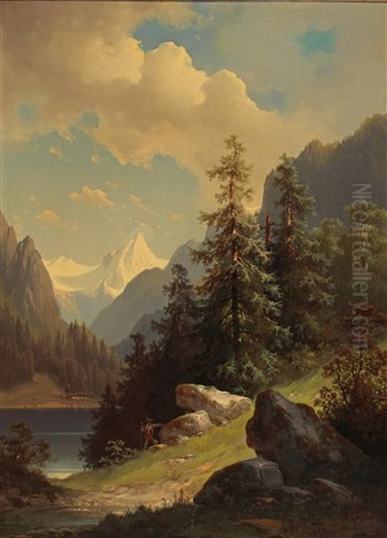 Mountain Landscape With Hunter Oil Painting by Carl Hasch