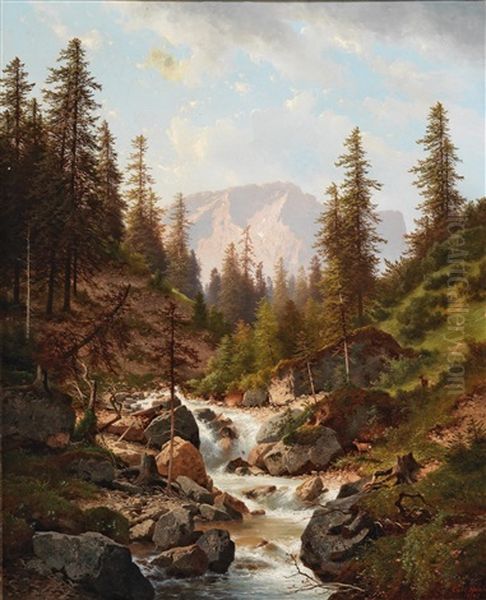 Roe Deer By The Mountain Torrent Oil Painting by Carl Hasch