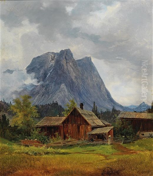 Farm Buildings, The Saarstein Near Aussee In The Background Oil Painting by Carl Hasch