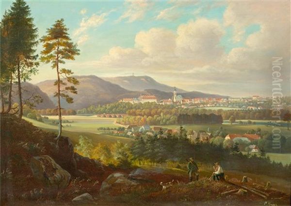 Woodsman Resting, With A View Of A Town In The Background (probably Baden Bei Wien) Oil Painting by Carl Hasch