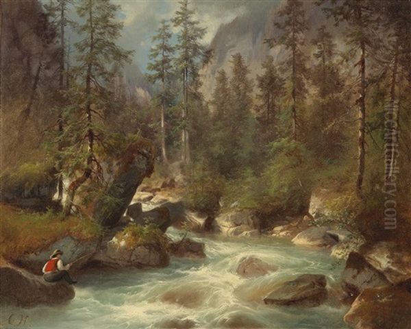 By The Strubb Woodland Stream Oil Painting by Carl Hasch