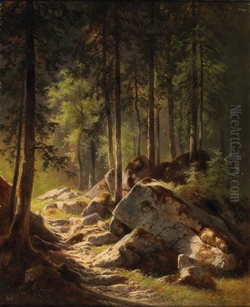 Woodland Path Suffused With Light Oil Painting by Carl Hasch