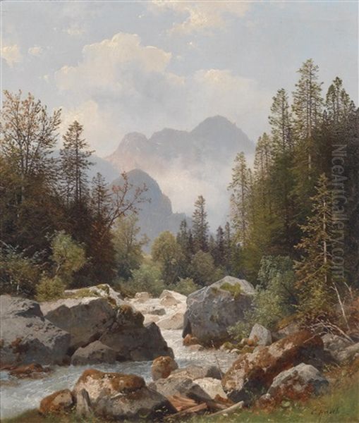 Motiv Von Der Saalach Oil Painting by Carl Hasch