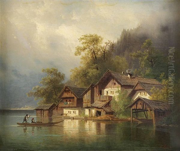 Fischerhutten An Einem See Oil Painting by Carl Hasch