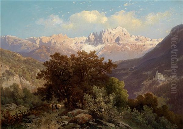 Blick Auf Den Rosengarten, Im Vordergrund Die Burg Karneid Bei Bozen by Carl Hasch