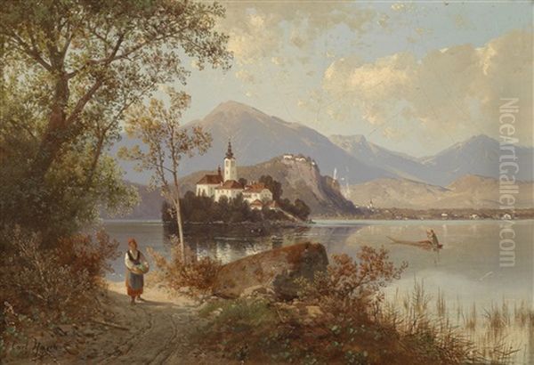 Blick Auf Den Bleder See, Auch Veldeser See Genannt Oil Painting by Carl Hasch