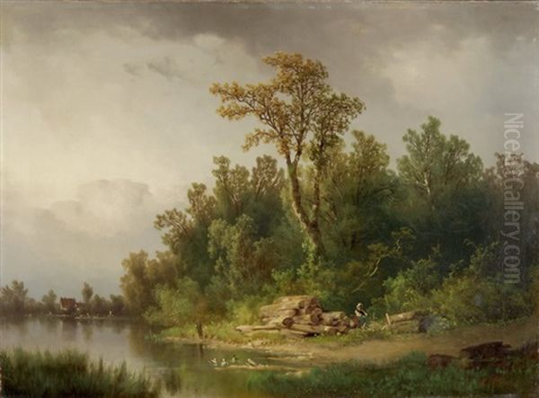 Flusslandschaft Mit Einer Holzfallerin Oil Painting by Carl Hasch