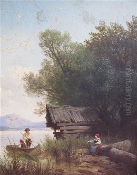 At A Lake-side Oil Painting by Carl Hasch