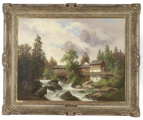 Landschaft Mit Wildbach Und Sagemuhle, Figural Staffiert, Im Hintergrund Ein Felsmassiv Oil Painting by Carl Hasch