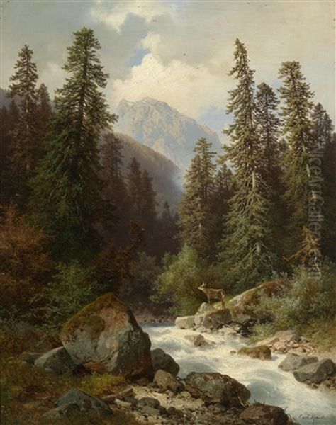 Reh An Einem Gebirgsbach Stehend Oil Painting by Carl Hasch