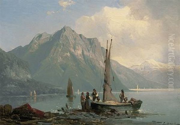 Seenlandschaft In Den Alpen Mit Angelegtem Boot Oil Painting by Carl Hasch