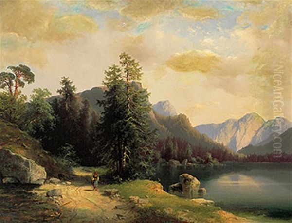 Osterreichische Alpenlandschaft Mit Gebirgssee Und Figurenstaffage An Einem Prachtvollen Sommertag by Carl Hasch