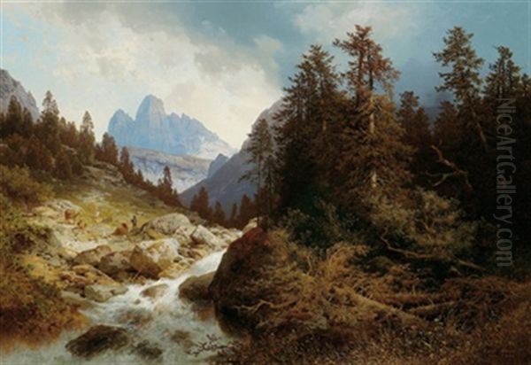 Aus Den Dolomiten - Hollensteintal Von Schluderbach Mit Blick Auf Die Drei Zinnen Oil Painting by Carl Hasch