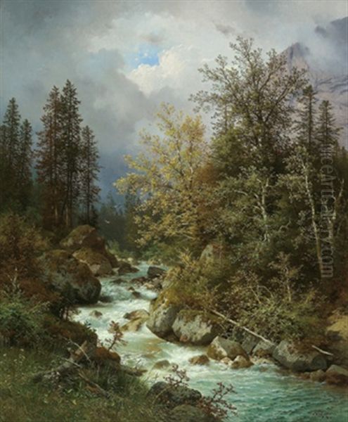 Motiv Vom Waldbach Strubb Bei Halstatt Oil Painting by Carl Hasch