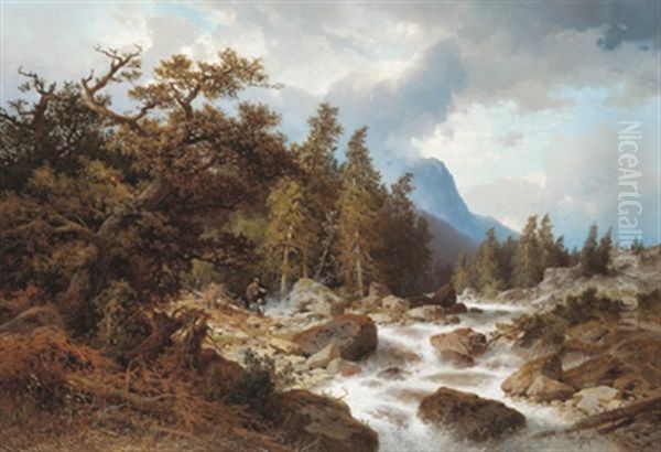 Gebirgslandschaft Mit Wildbach Oil Painting by Carl Hasch