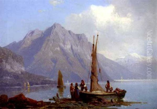 Fischerboot Am Seeufer Mit Blick Auf Schneebedecktes Bergmassiv Oil Painting by Carl Hasch