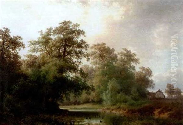 Baumreiche Landschaft Mit Weiher Und Enten Oil Painting by Carl Hasch