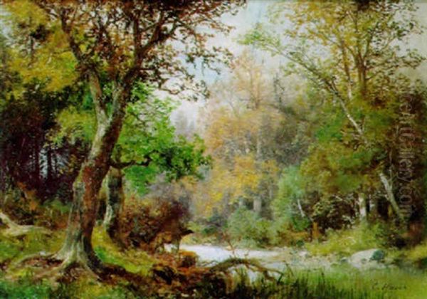 Waldlandschaft Mit Rotwild Am Flussufer Oil Painting by Carl Hasch