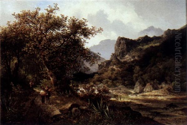 A River Landscape With Travellers On A Path In The Foreground Oil Painting by Carl Hasch