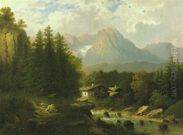 Bauernhauser Am Bach Im Gebirgstal Oil Painting by Carl Hasch