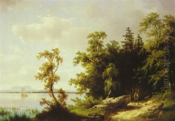 Traveler On A Wooded Path By A Lake Oil Painting by Carl Hasch