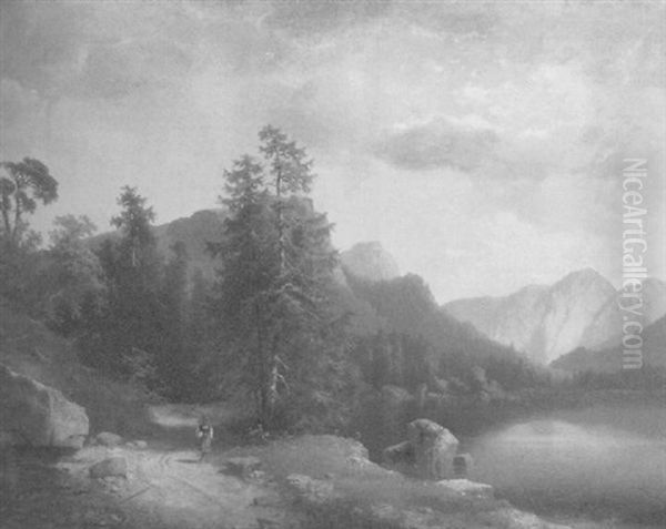 Alpenlandschaft Mit Gebirgssee Oil Painting by Carl Hasch