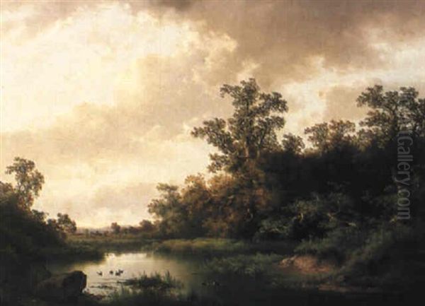 Bewaldete Fluslandschaft Oil Painting by Carl Hasch