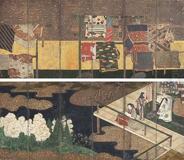 Whose Sleeves? - Tagasode (pair Of Six-panel Screens) Oil Painting by Tohaku Hasegawa