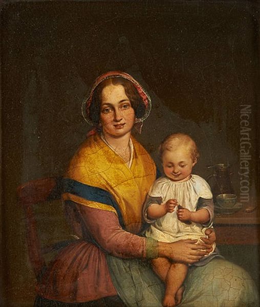 Mere Et Enfant Nourrissant Un Oisillon Oil Painting by Frans Haseleer