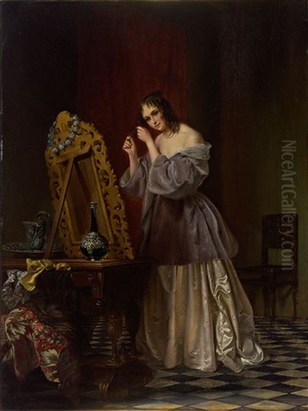 Junge Frau Bei Der Morgentoilette In Elegantem Boudoir Oil Painting by Frans Haseleer