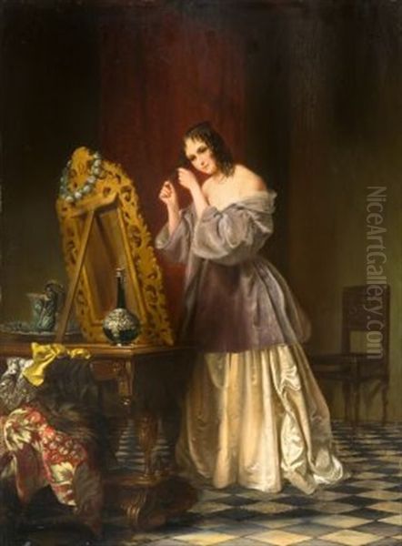 Junge Frau Vor Einem Spiegel, Sich Das Haar Richtend Oil Painting by Frans Haseleer