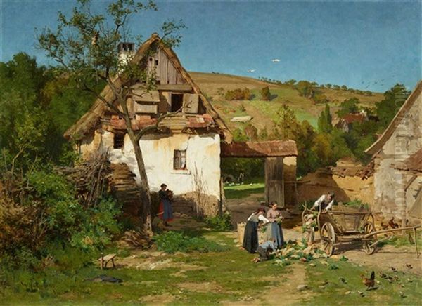 Unloading Turnips At A Farm In Hopfgarten Near Weimar Oil Painting by Wilhelm Gustav Friedrich Hasemann