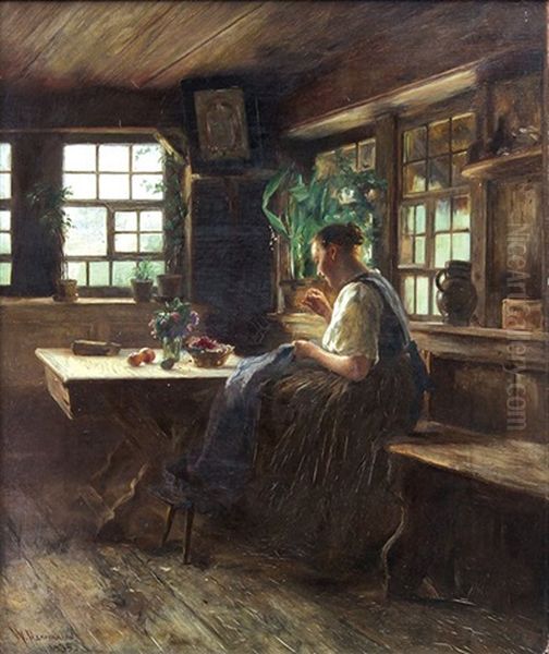 Woman Mending An Interior Oil Painting by Wilhelm Gustav Friedrich Hasemann