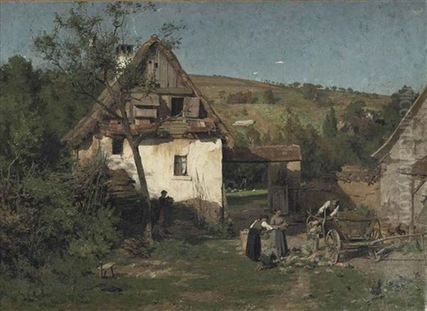 Daily Activities Near A Farm Oil Painting by Wilhelm Gustav Friedrich Hasemann