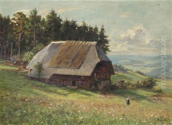 A Farm In An Alpine Landscape Oil Painting by Wilhelm Gustav Friedrich Hasemann