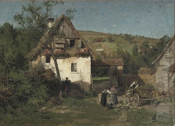 Daily Activities Near A Farm Oil Painting by Wilhelm Gustav Friedrich Hasemann