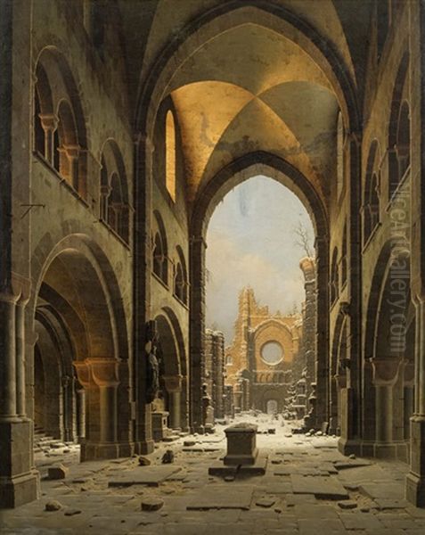 Ruins Of A Church In Halberstadt In Winter Oil Painting by Carl Georg Adolph Hasenpflug