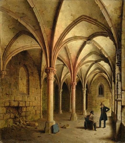 Klostergang Zu Walkenried (mit Einem Selbstportrait Des Kunstlers) Oil Painting by Carl Georg Adolph Hasenpflug