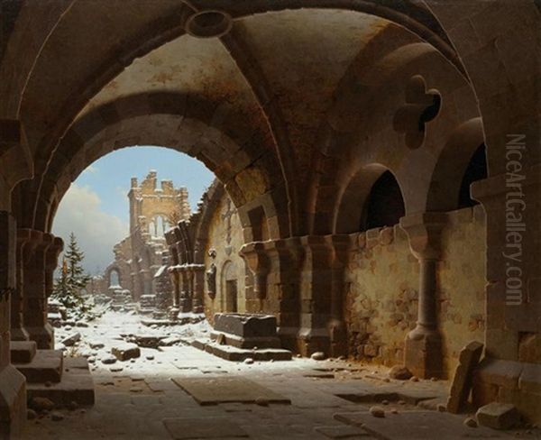 Blick Auf Die Kirchenruine In Halberstadt Im Winter Oil Painting by Carl Georg Adolph Hasenpflug