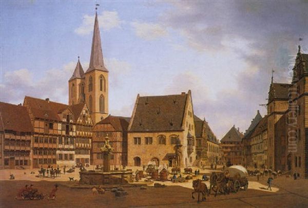 Der Holzmarkt Zu Halberstadt Mit Der Martinikirche Oil Painting by Carl Georg Adolph Hasenpflug