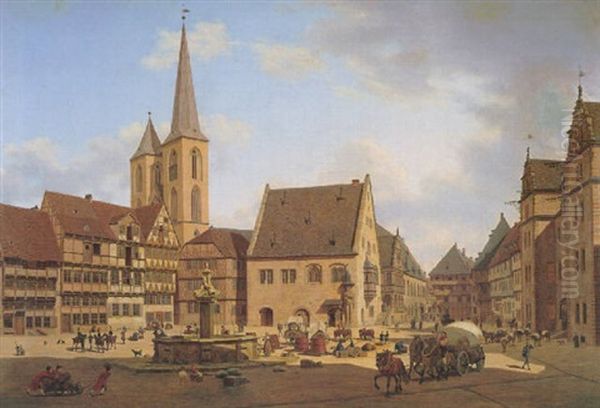 Der Holzmarkt Zu Halberstadt Mit Der Martinikirche Oil Painting by Carl Georg Adolph Hasenpflug