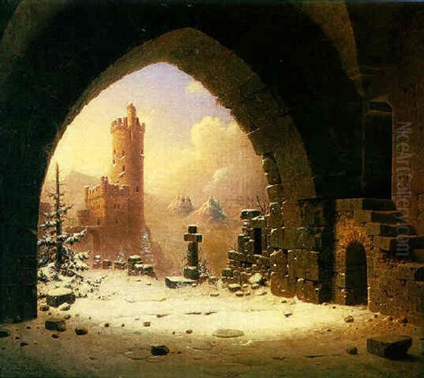 Burgruine Im Winter Oil Painting by Carl Georg Adolph Hasenpflug