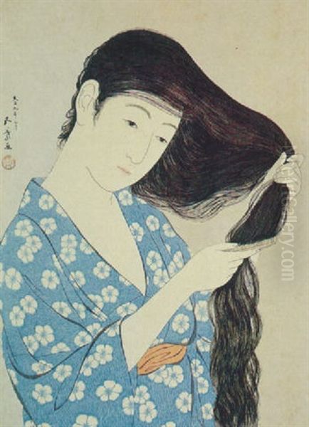 A Half Length Portrait Of A Beauty Combing Her Hair Oil Painting by Goyo Hashiguchi