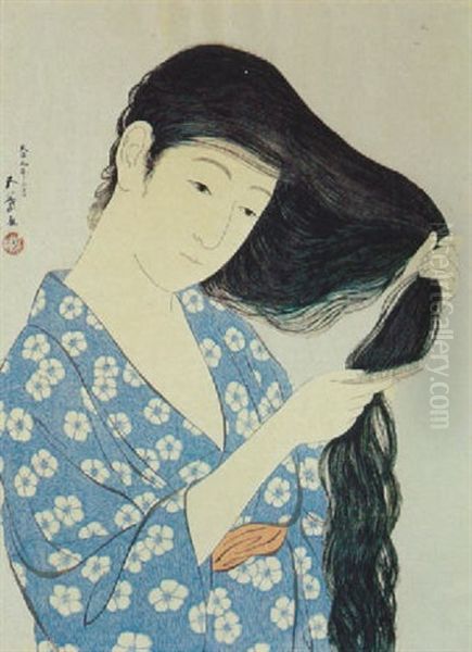 A Girl Combing Her Hair Oil Painting by Goyo Hashiguchi