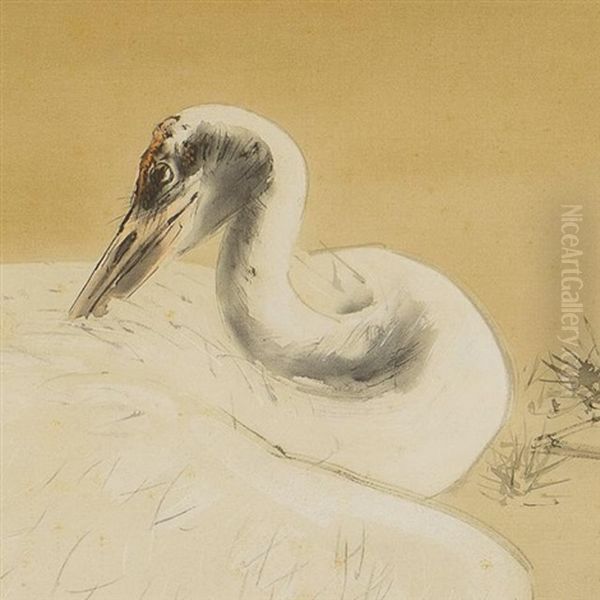 Crane At The Pond Oil Painting by Kansetsu Hashimoto